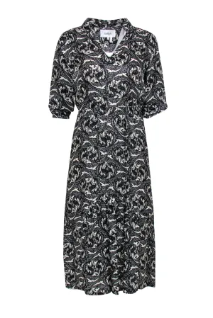 Ba&sh - Black & White Paisley Print Quarter Sleeve "Song" Midi Dress Sz XS