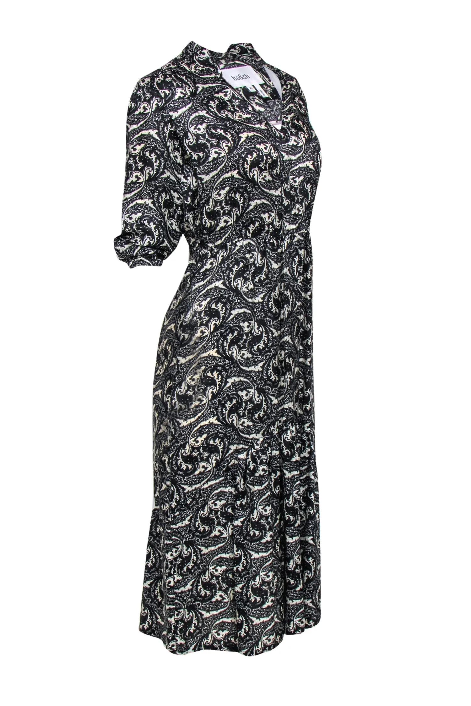 Ba&sh - Black & White Paisley Print Quarter Sleeve "Song" Midi Dress Sz XS