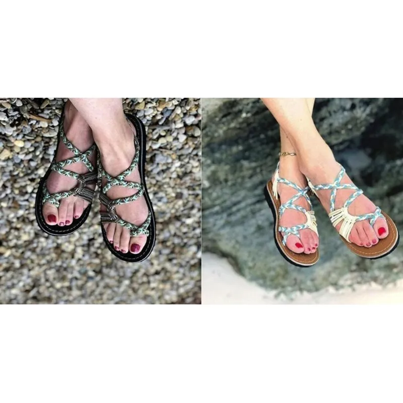 Bohemian Sandals Fashion Gladiator Sandals Female Flat Sandals Rome Style Cross Tied Sandals Shoes Beach Ladies Shoes Sky