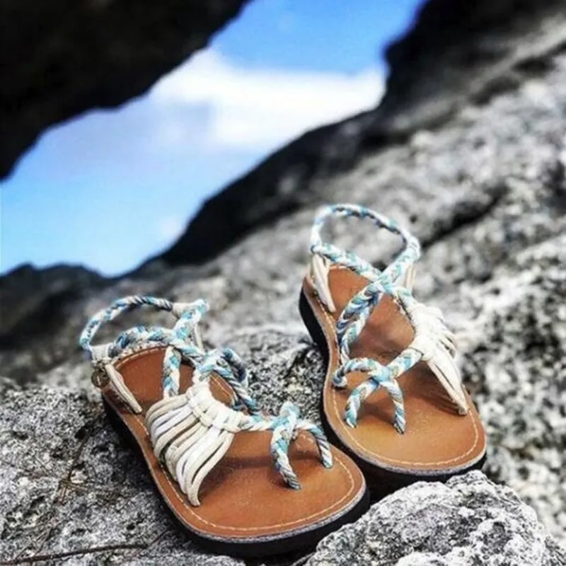 Bohemian Sandals Fashion Gladiator Sandals Female Flat Sandals Rome Style Cross Tied Sandals Shoes Beach Ladies Shoes Sky