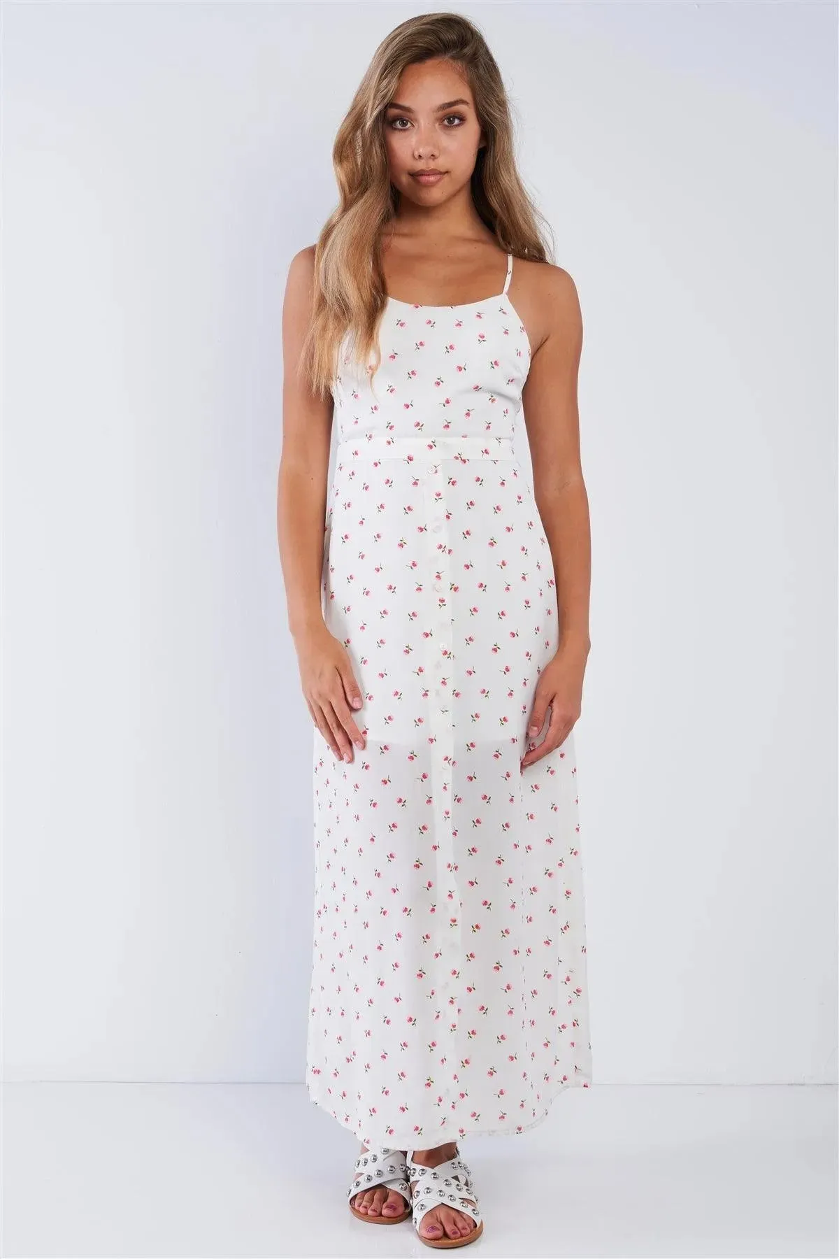 Chiffon Rose Print Cami Strapped Self Tie Maxi Dress