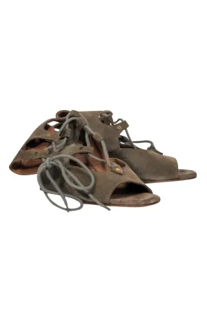 Chloe - Olive Suede Lace-Up Wedge Sandals Sz 7