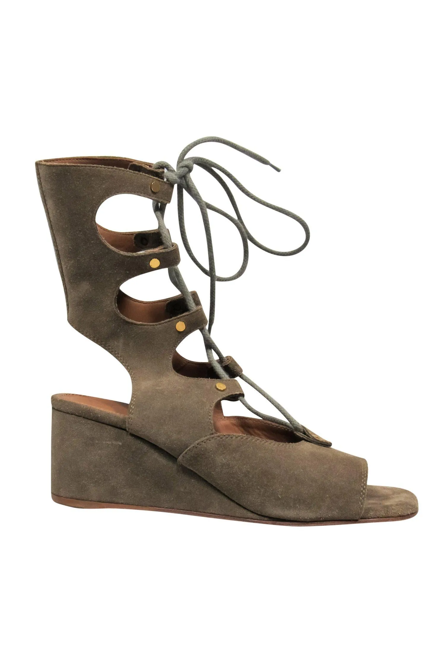 Chloe - Olive Suede Lace-Up Wedge Sandals Sz 7