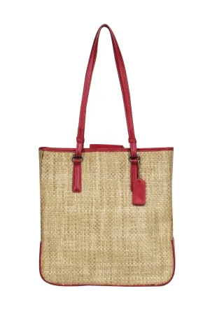 Coach - Beige Woven Straw Tote w/ Red Leather Trim