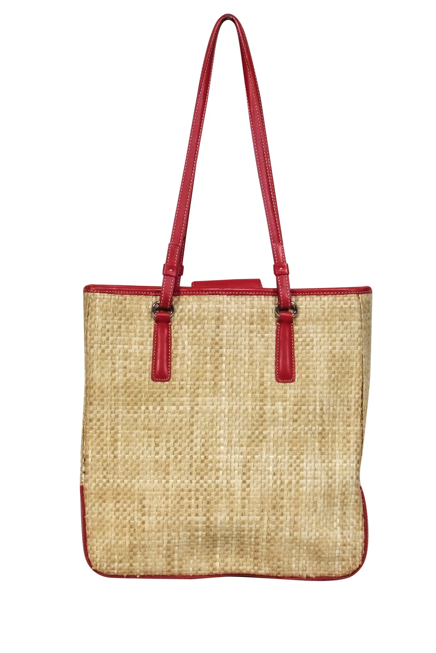 Coach - Beige Woven Straw Tote w/ Red Leather Trim