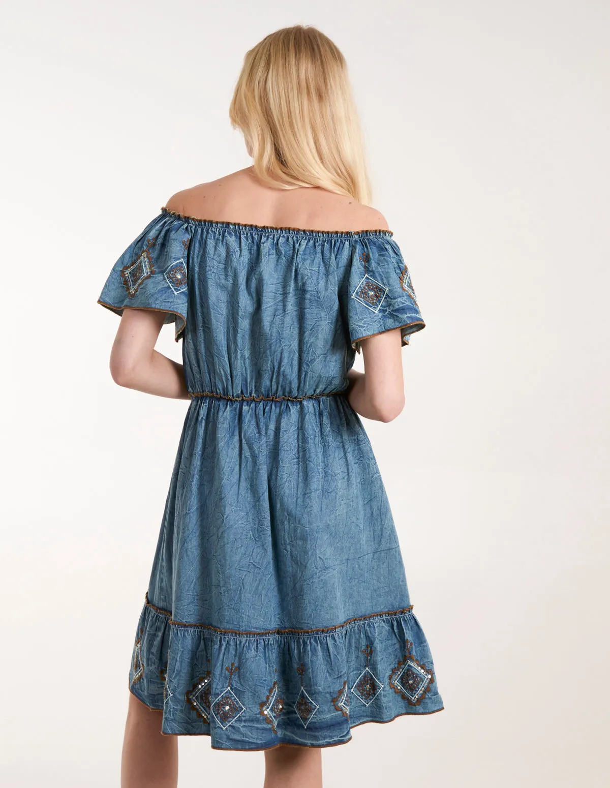 Denim Embroidered Tiered Dress