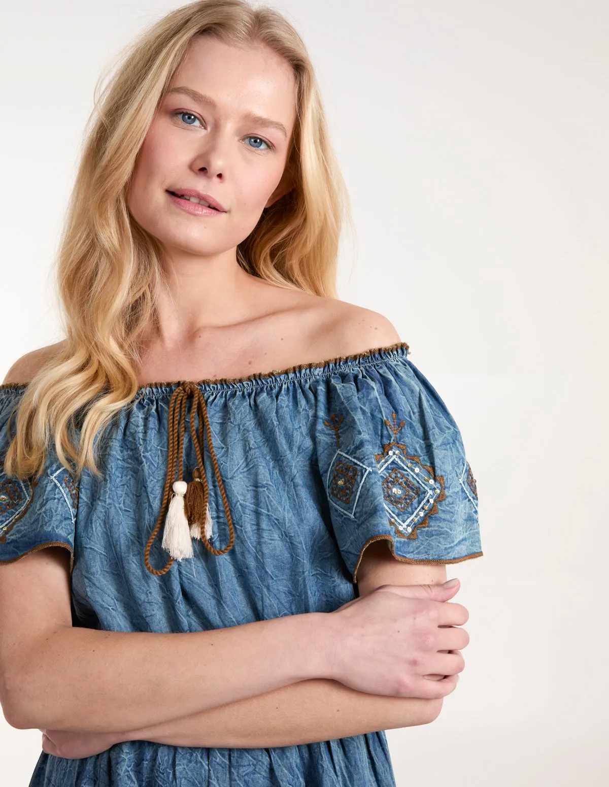 Denim Embroidered Tiered Dress