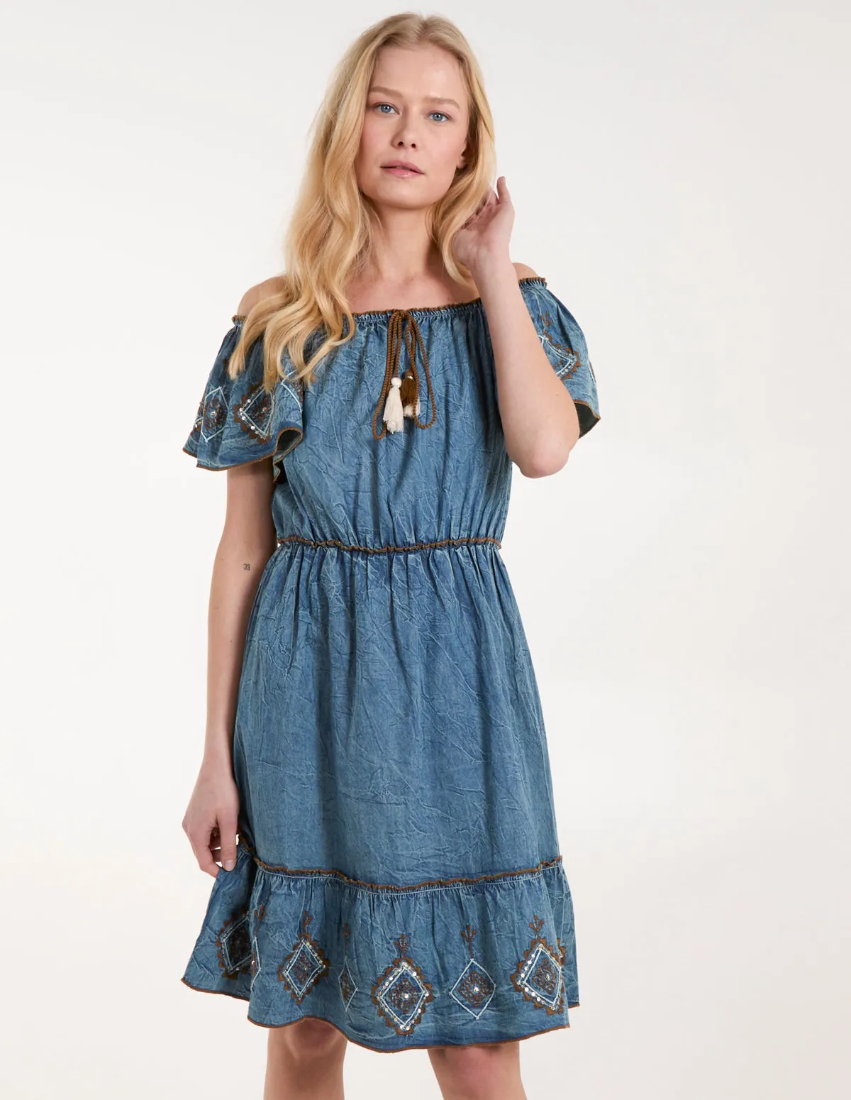 Denim Embroidered Tiered Dress