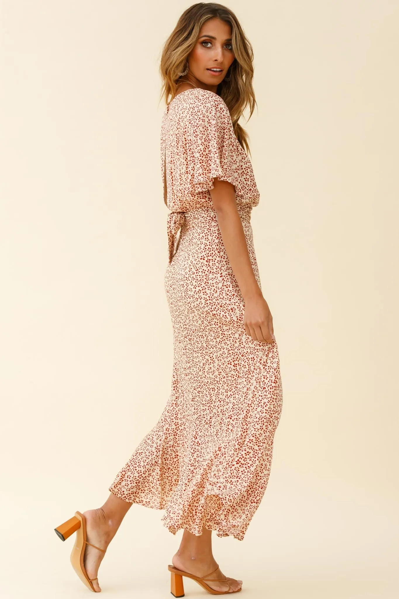 Friday Surplice Neckline Front Split Maxi Dress Floral Print Beige