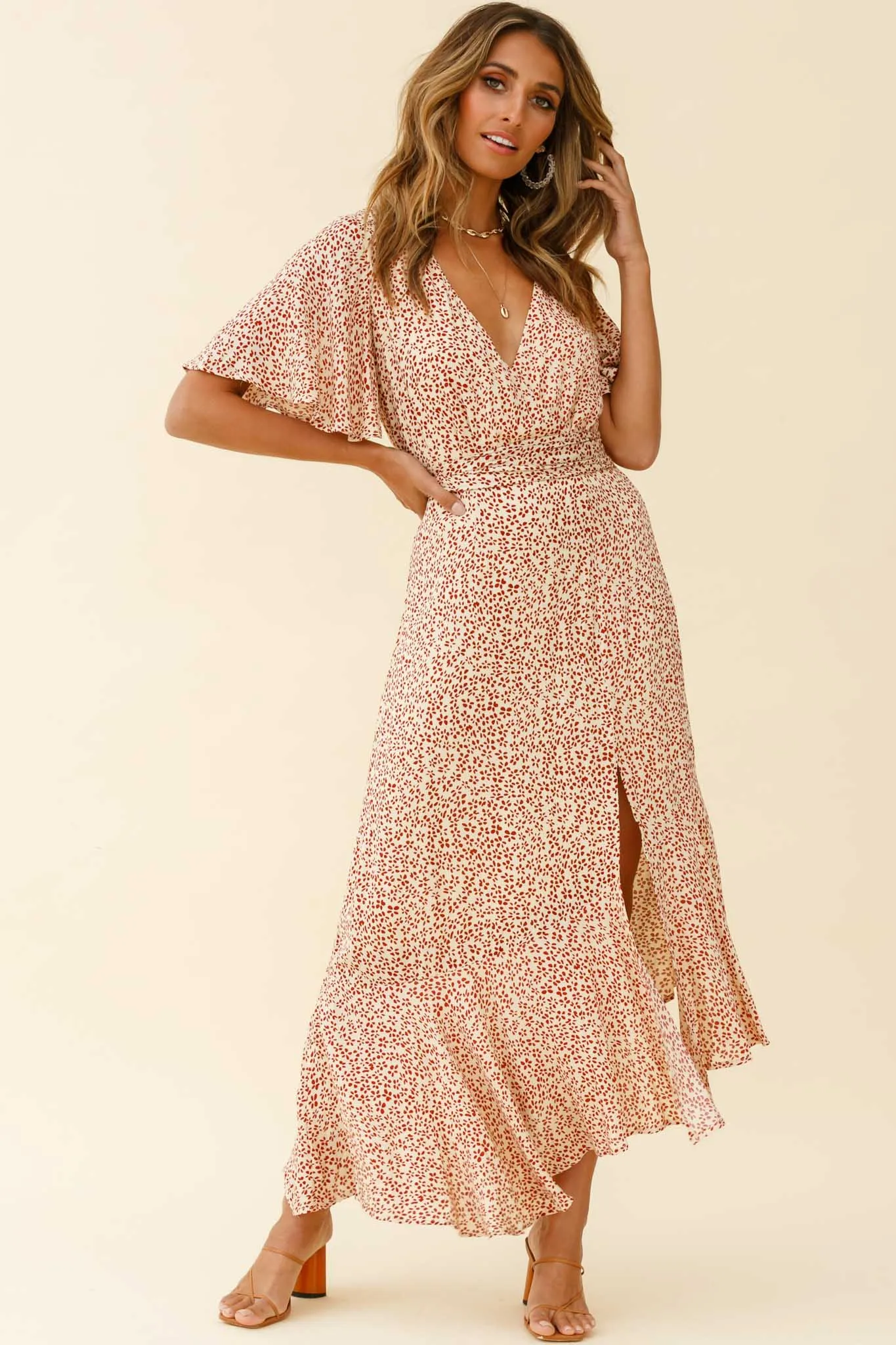 Friday Surplice Neckline Front Split Maxi Dress Floral Print Beige