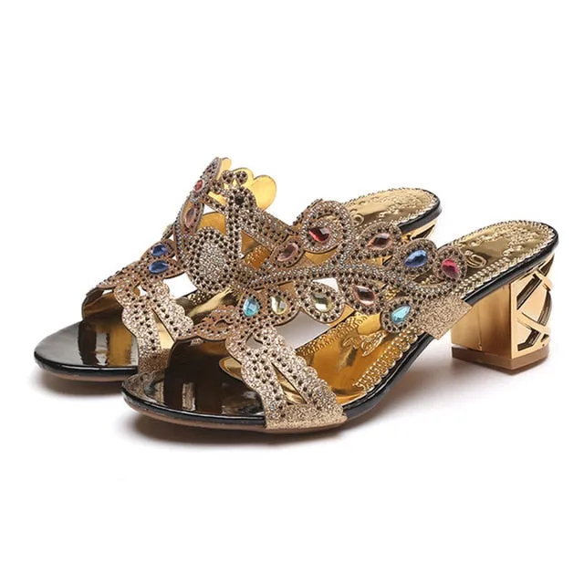 Lucyever 2018 Summer New Bohemian Women Sandals Crystal High Heel Sandalias Classic Rhinestone Women Party Shoes Flip Flops