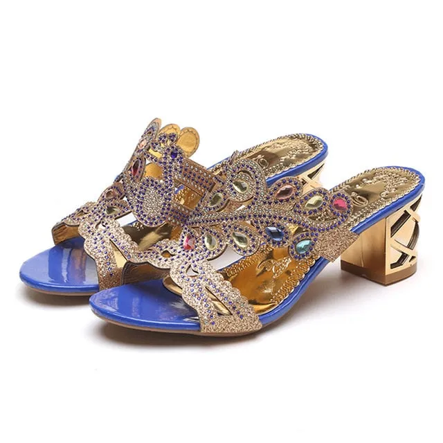 Lucyever 2018 Summer New Bohemian Women Sandals Crystal High Heel Sandalias Classic Rhinestone Women Party Shoes Flip Flops