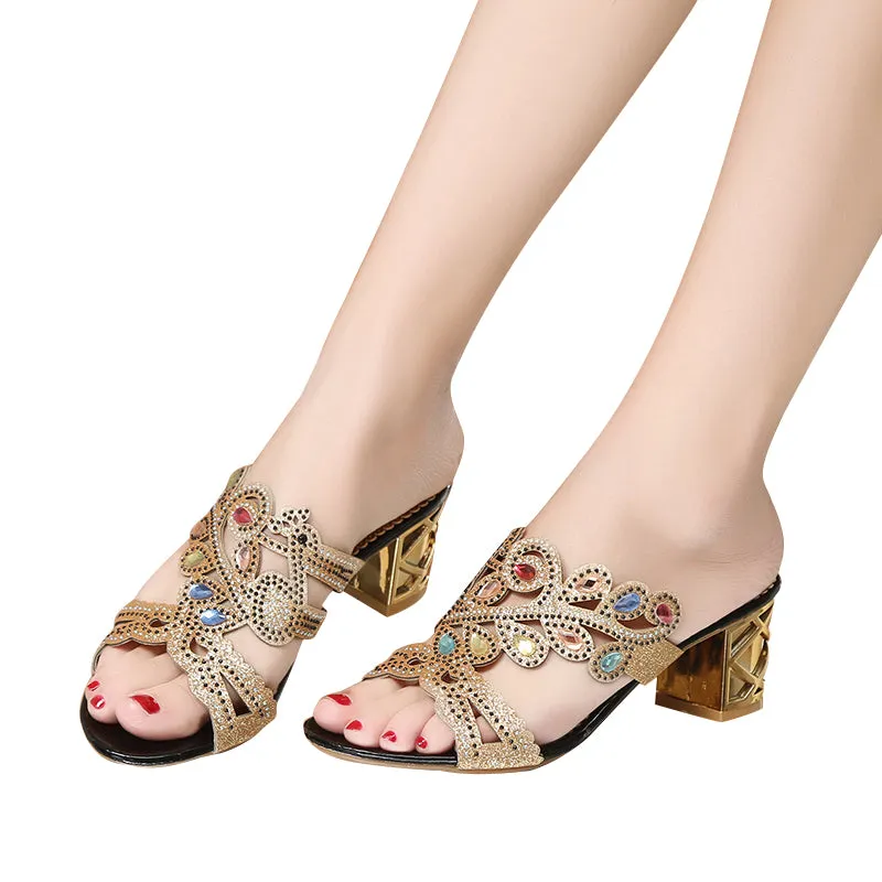 Lucyever 2018 Summer New Bohemian Women Sandals Crystal High Heel Sandalias Classic Rhinestone Women Party Shoes Flip Flops