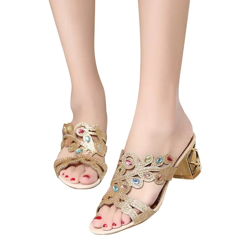 Lucyever 2018 Summer New Bohemian Women Sandals Crystal High Heel Sandalias Classic Rhinestone Women Party Shoes Flip Flops