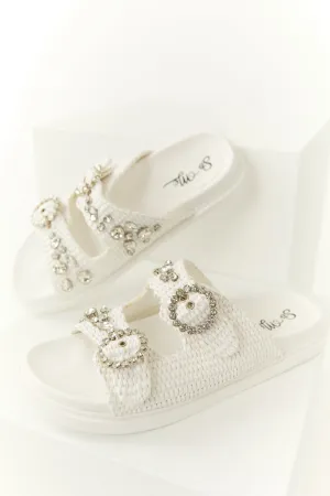 Off White Rhinestone Woven Strap Sandals
