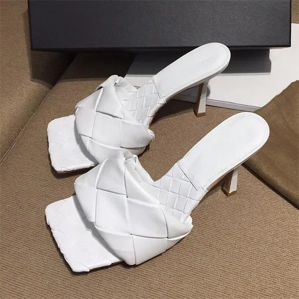 Square Open Toe Heeled Woven Leather Mule Slip On Quilted High Heels