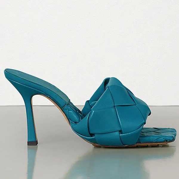 Square Open Toe Heeled Woven Leather Mule Slip On Quilted High Heels