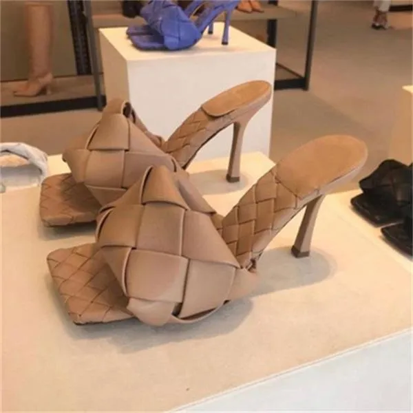 Square Open Toe Heeled Woven Leather Mule Slip On Quilted High Heels