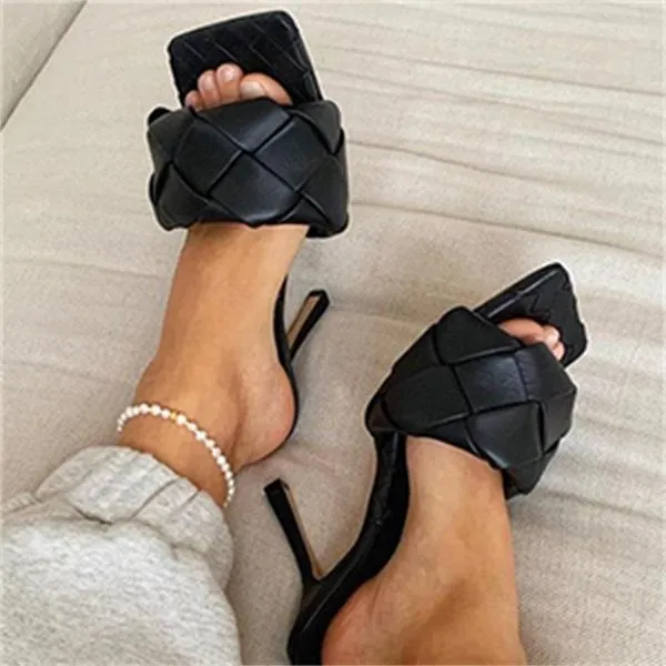 Square Open Toe Heeled Woven Leather Mule Slip On Quilted High Heels