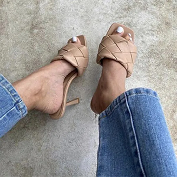 Square Open Toe Heeled Woven Leather Mule Slip On Quilted High Heels