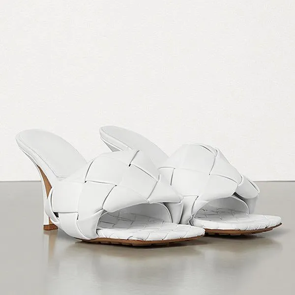 Square Open Toe Heeled Woven Leather Mule Slip On Quilted High Heels