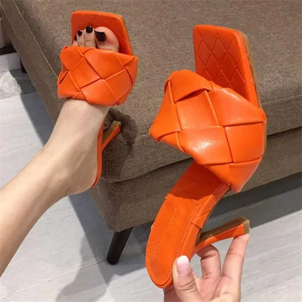 Square Open Toe Heeled Woven Leather Mule Slip On Quilted High Heels