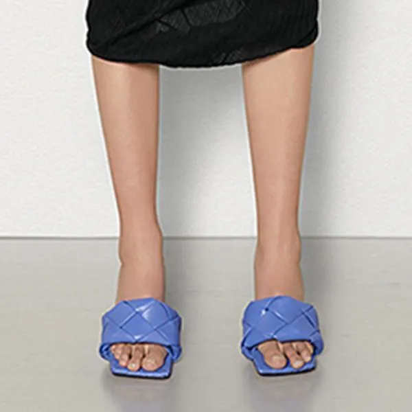 Square Open Toe Heeled Woven Leather Mule Slip On Quilted High Heels