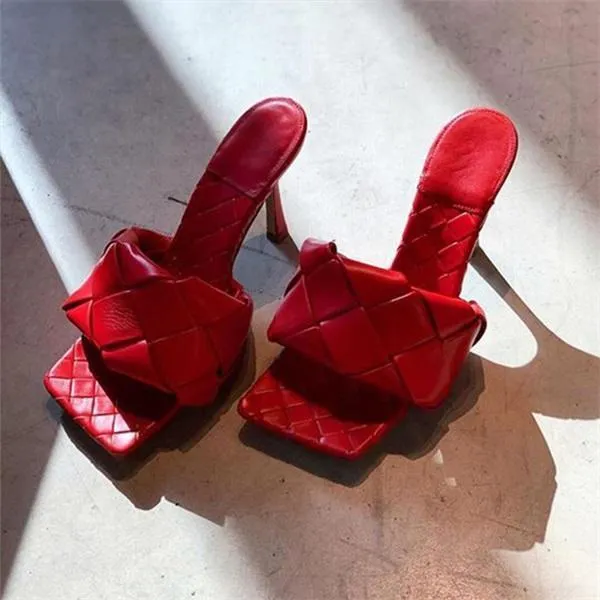 Square Open Toe Heeled Woven Leather Mule Slip On Quilted High Heels