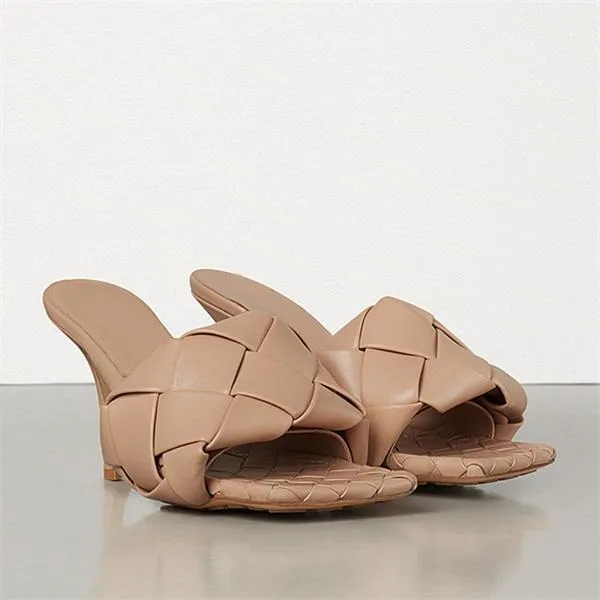 Square Open Toe Heeled Woven Leather Mule Slip On Quilted High Heels