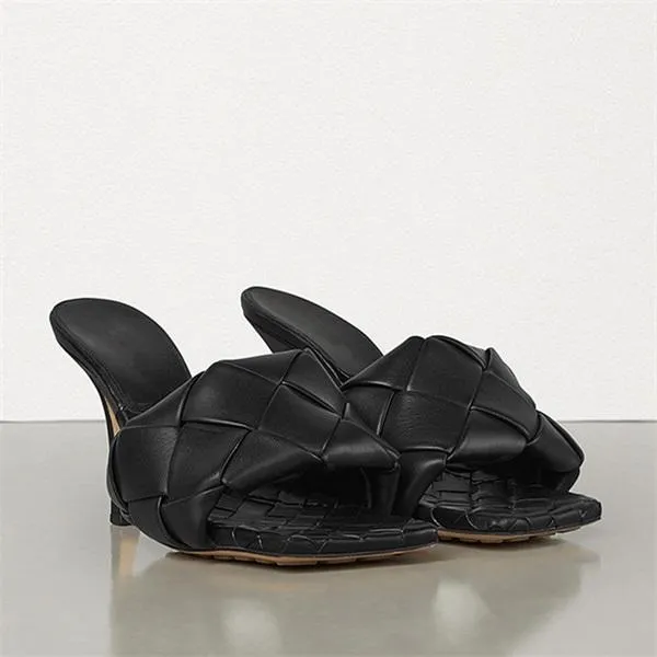 Square Open Toe Heeled Woven Leather Mule Slip On Quilted High Heels