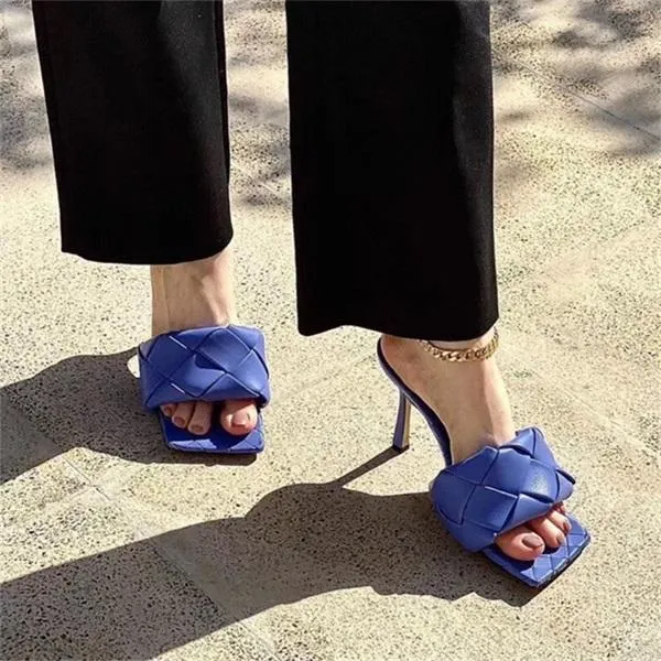 Square Open Toe Heeled Woven Leather Mule Slip On Quilted High Heels