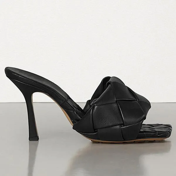 Square Open Toe Heeled Woven Leather Mule Slip On Quilted High Heels