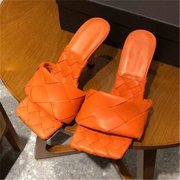 Square Open Toe Heeled Woven Leather Mule Slip On Quilted High Heels